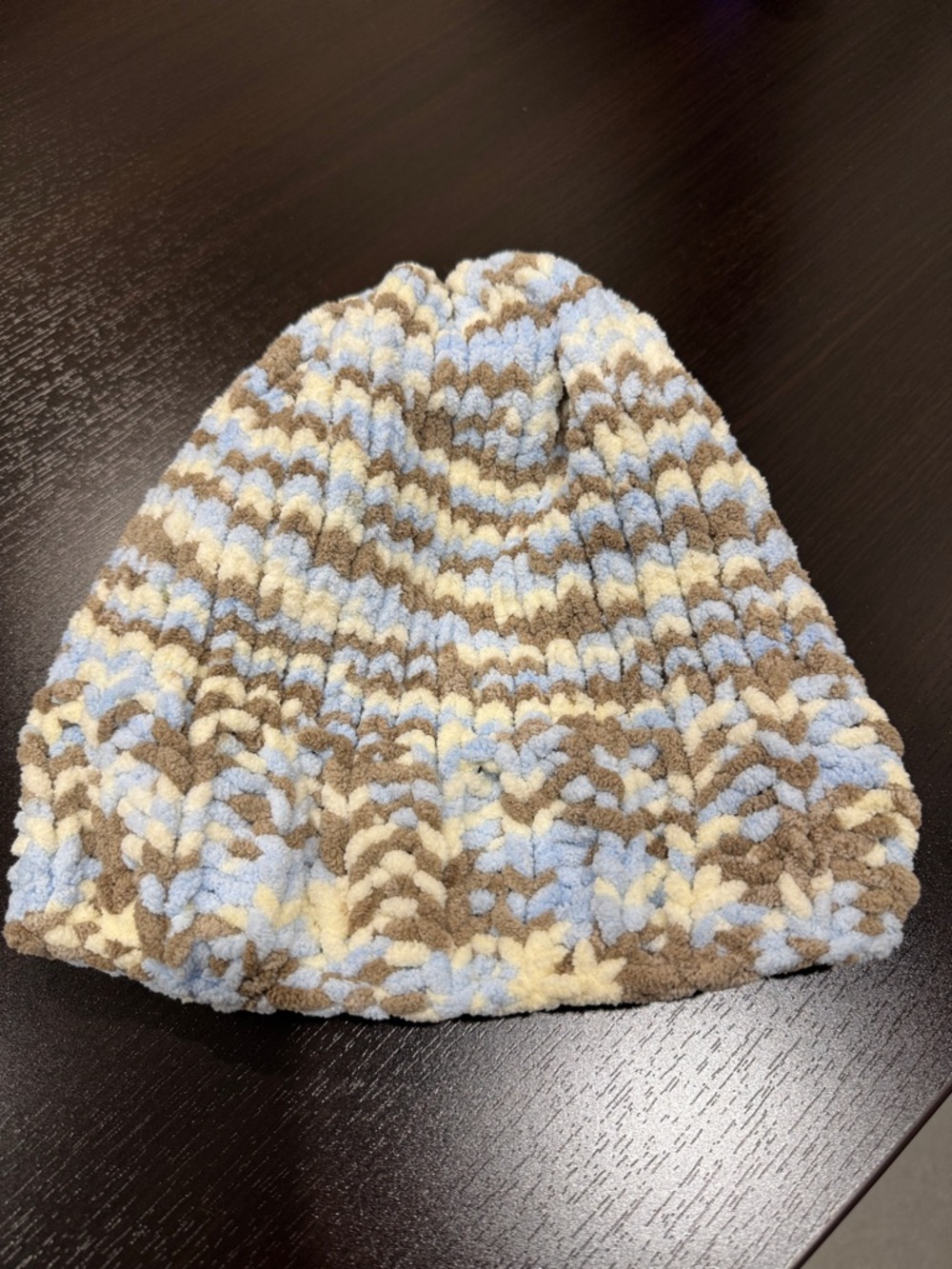 Cozy Plush Knit Beanie - Blue, Cream & Brown